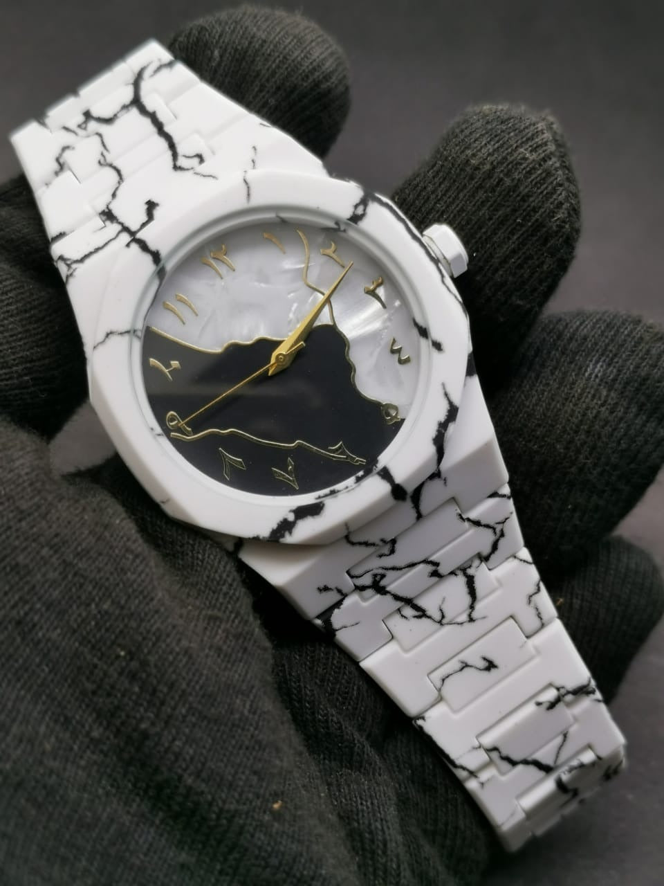 White marble design watch, arabic numeral watch