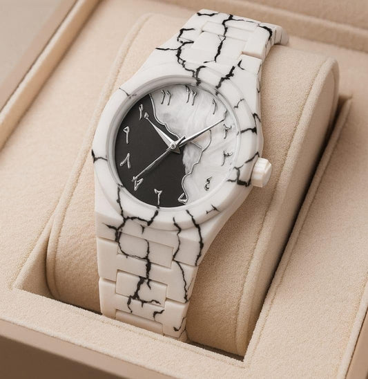 White marble design watch, arabic numeral watch